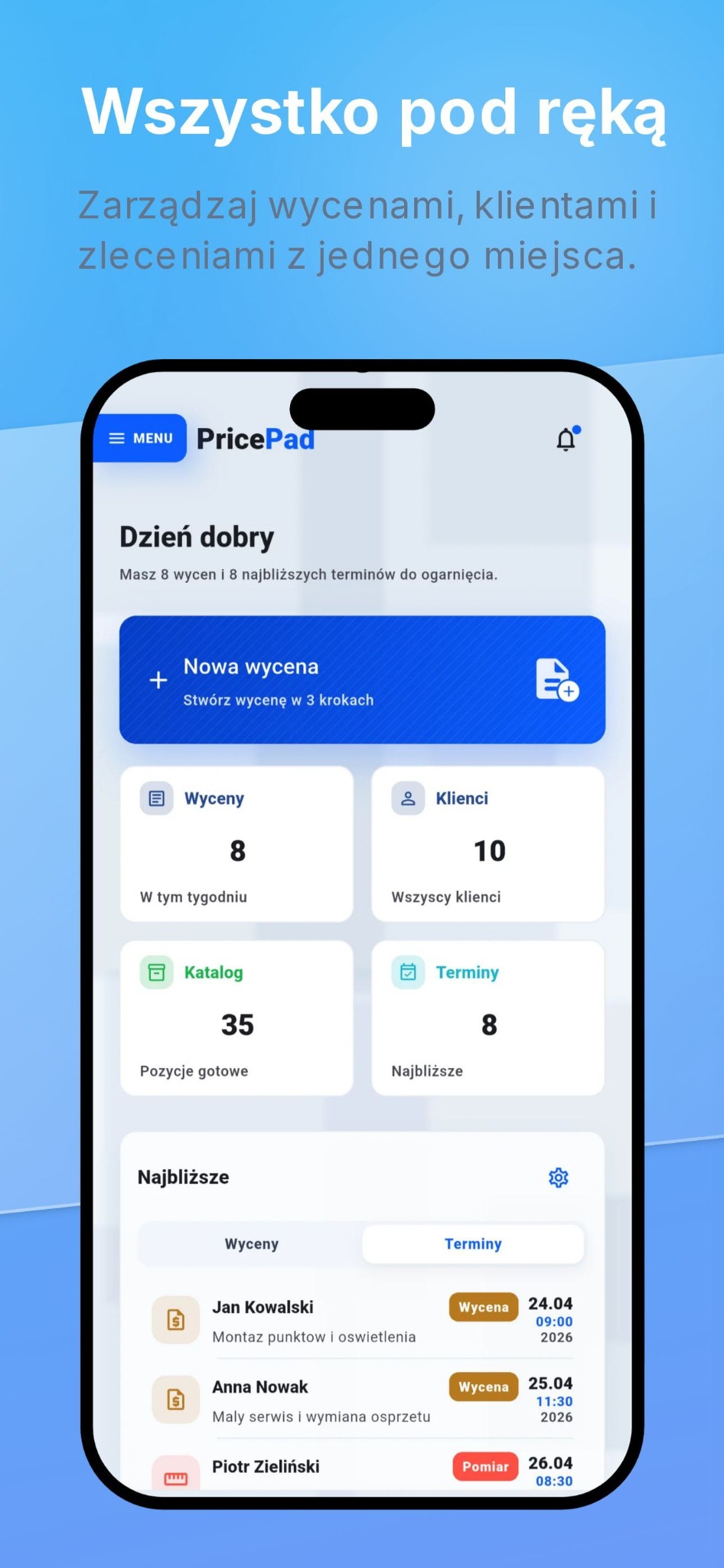 Ekran główny aplikacji PricePad z wycenami, klientami, katalogiem i terminami