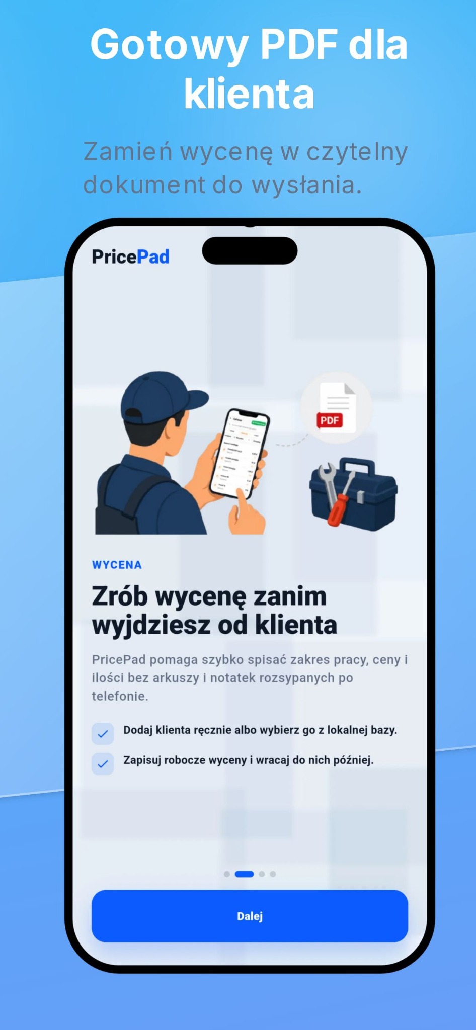 Generowanie dokumentu PDF dla klienta w PricePad